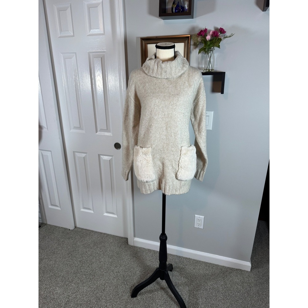 Magaschoni Womens Beige Turtleneck Sweater Faux Fur Pockets Wool Blend Small